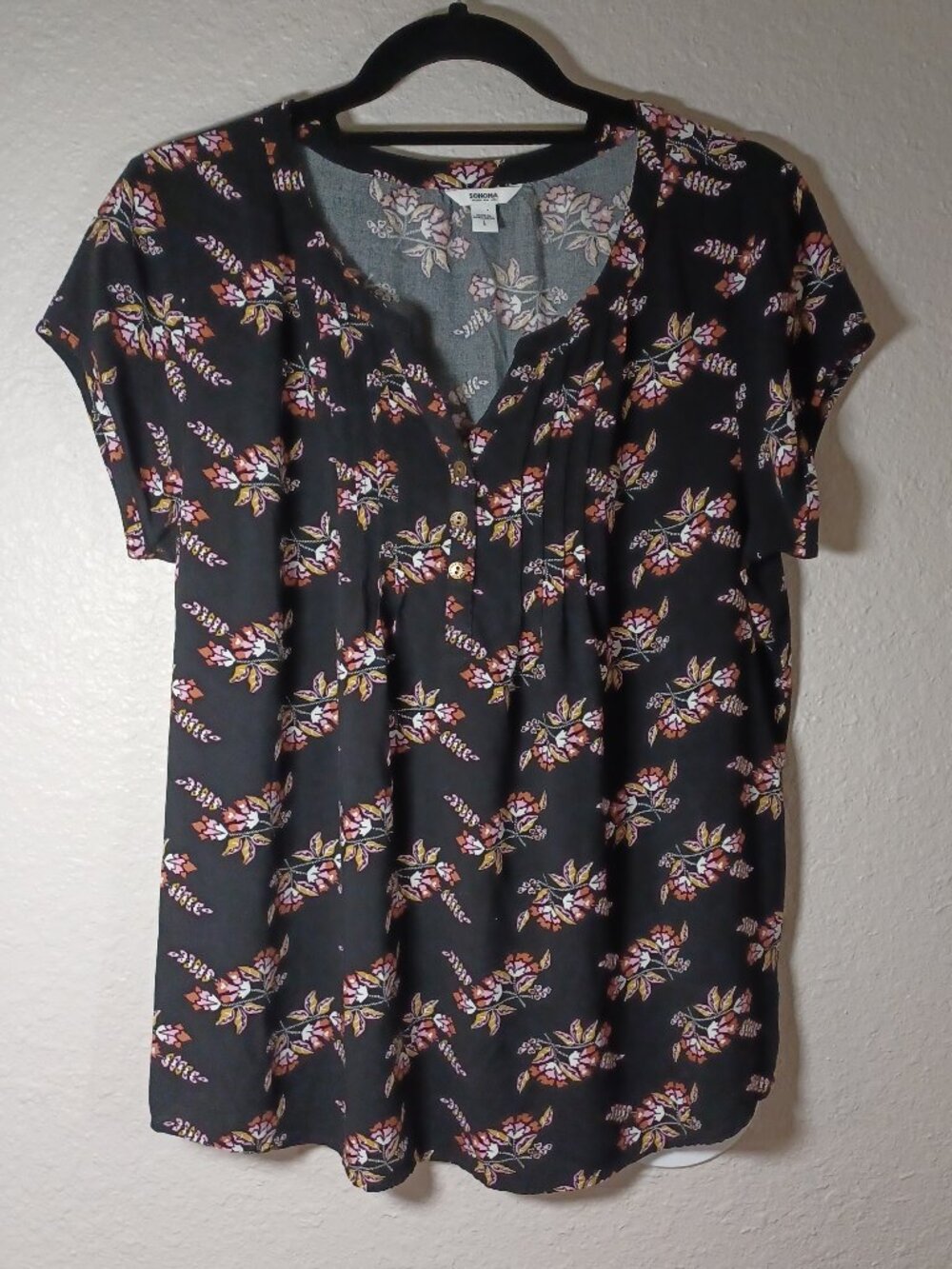Sonoma Women's Top Size L Black Floral Print Peasant Bohemian Black Pink White